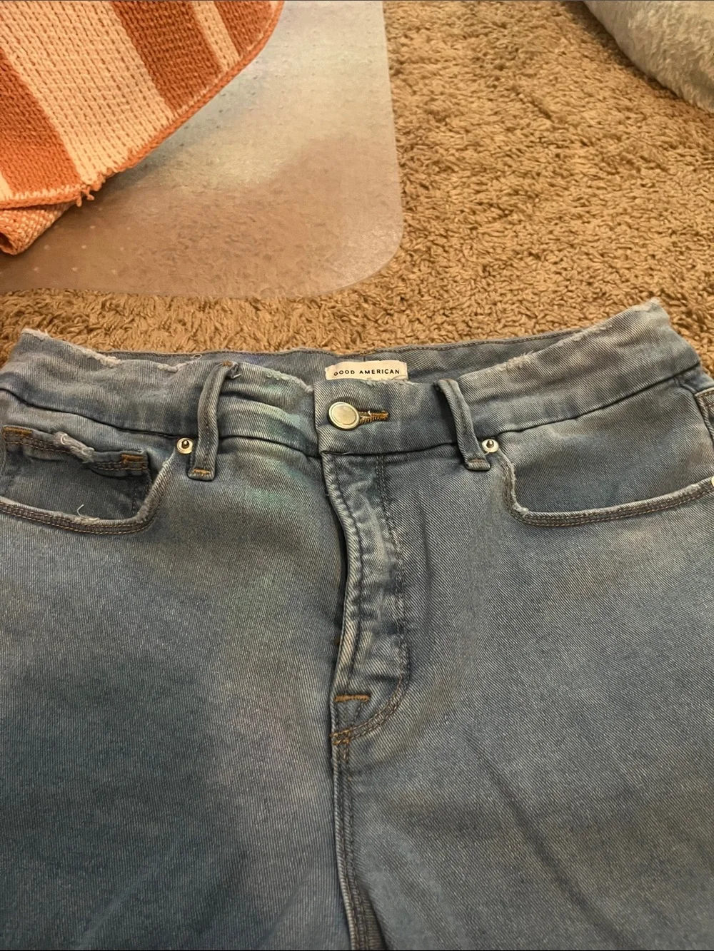 Good American Light Blue Flare Jeans raw hem crop 29” size 8